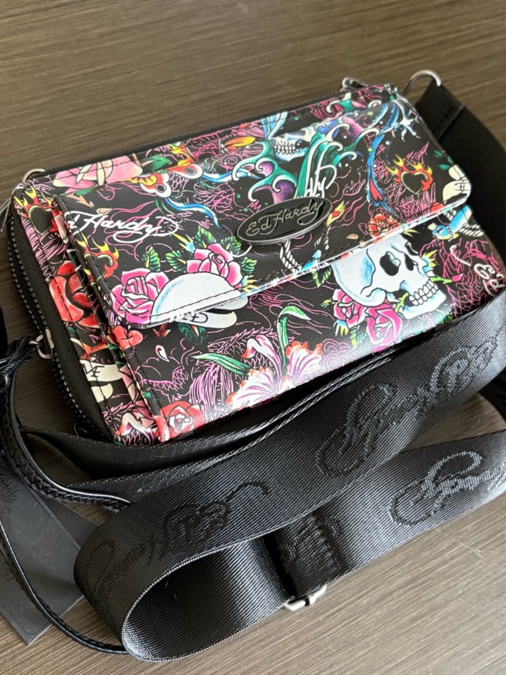 Ed Hardy Black Floral Skull Crossbody - Picture 4 of 11